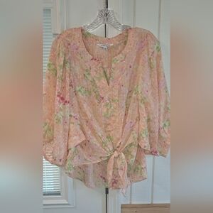 ROSE+OLIVE Bright Peachy Green 3/4 Dolman Sleeve Top Blouse Waist Tie LRG NWOT